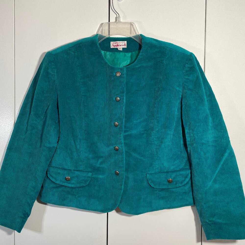 Womans Blazer 14P Lined Jacket Teal Corduroy Faux Pockets Round Neck Vintage
